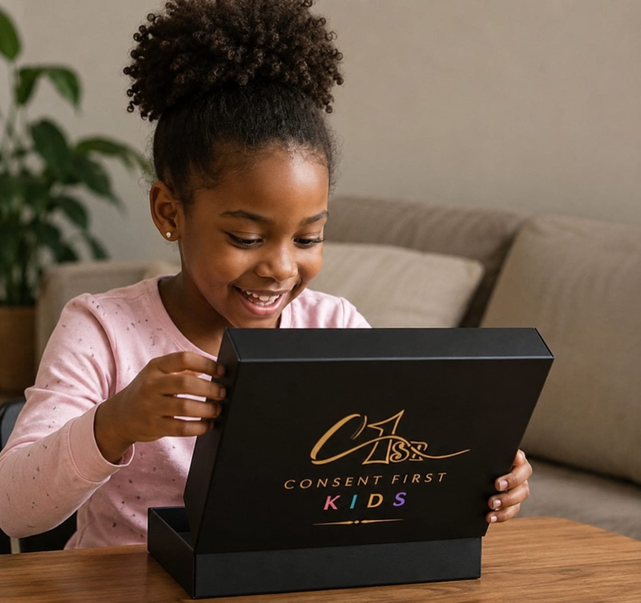 A smiling child opening a Consent First Kids Signature Box