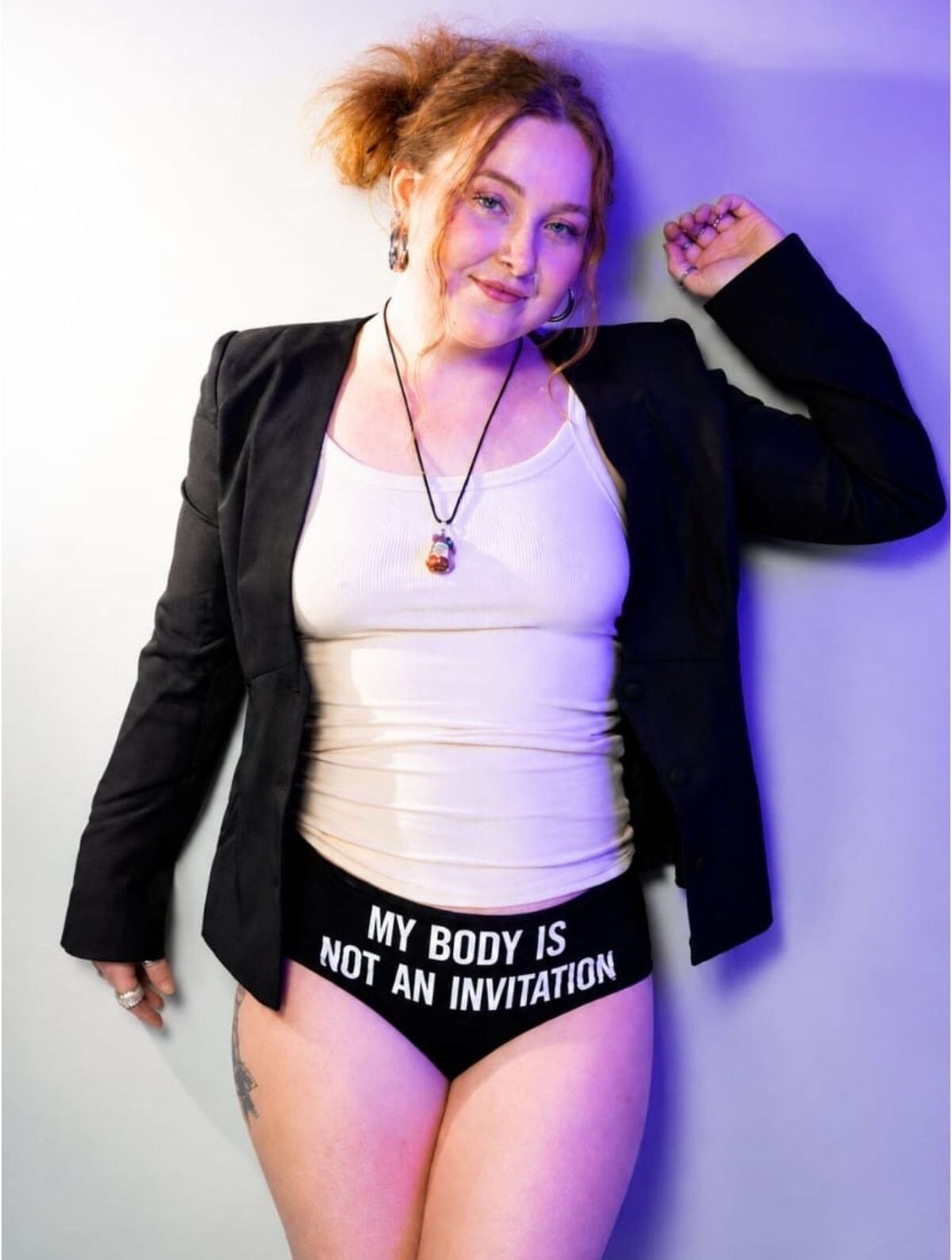 Consent First campaign model wearing the message My Body Is Not an Invitation