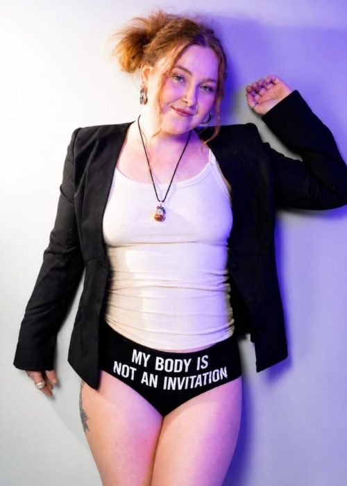 Consent First campaign model wearing the message My Body Is Not an Invitation